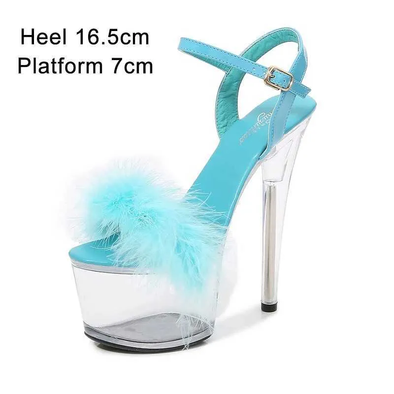 Chaussures habillées Shuzumiao 2021 été nouvelles femmes fourrure plates-formes transparentes sandales talons hauts 16.5CM talons fins femme fête pôle danse chaussure H240321IC1058SD