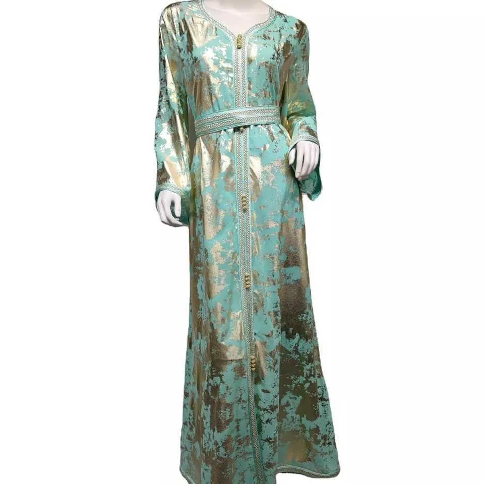 Cx107 Middle East Apparel 2021 Fall New Muslim Gilded Long Gown Womens Two-piece Dress with Belt Turkey Arabic