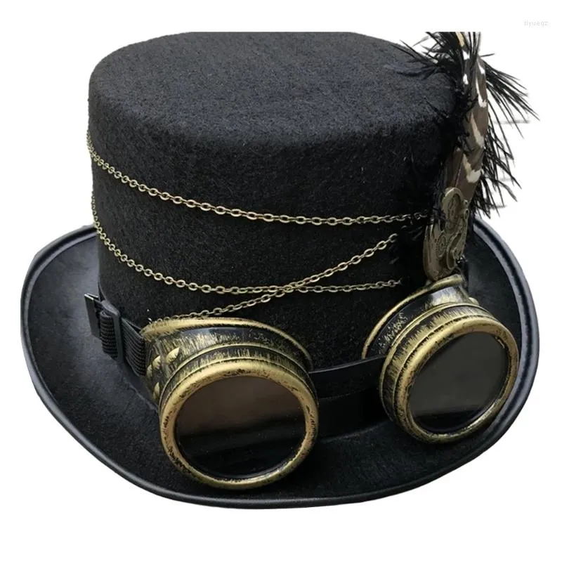 Basker steampunk topphatt ull kändes viktoriansk med glasögon fjäder unisex kostym gotiska hippier cosplay rekvisita