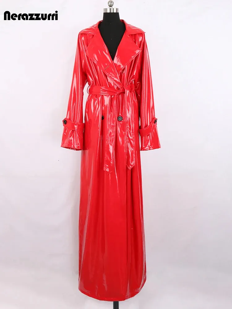 Nerazzurri Autumn Extra Long Soft Red Reflective Shiny Patent Leather Trench Coat for Women Double Breasted Maxi Korean Fashion 240311