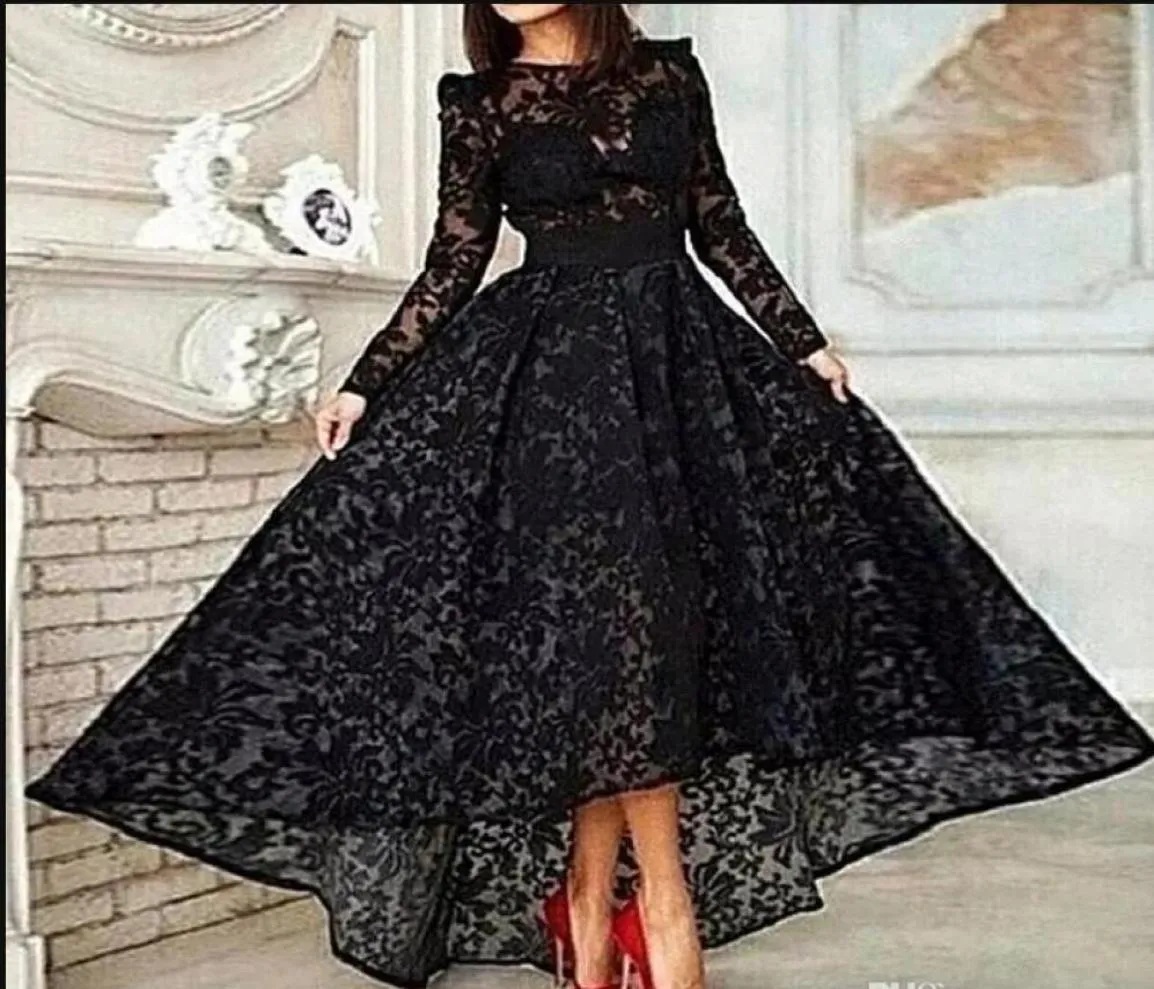 Vestido Black Long A Line Elegant Prom Evening Dress Crew Neck Long Sleeve Lace Hi Lo Party Gown Special Occasion Dresses Evening 6036050