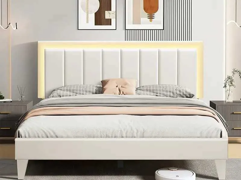 King Size Bed Frame with LED Lights, Upholstered Faux Leather Bed with Adjustable Headboard