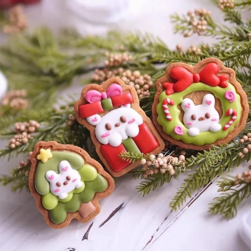 Moldes de cozimento forma de natal grinalda cortador de biscoito natal árvore presente decoração biscoito selo gelo fondant bolo ferramentas acessórios