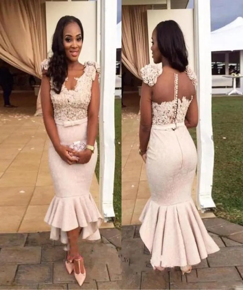 2019 Arabic African Style Mermaid Bridesmaid Dresses Lace Beaded Sheer Back Wedding Party Dresses Plus Size Tea Length Cheap Maid 9830935