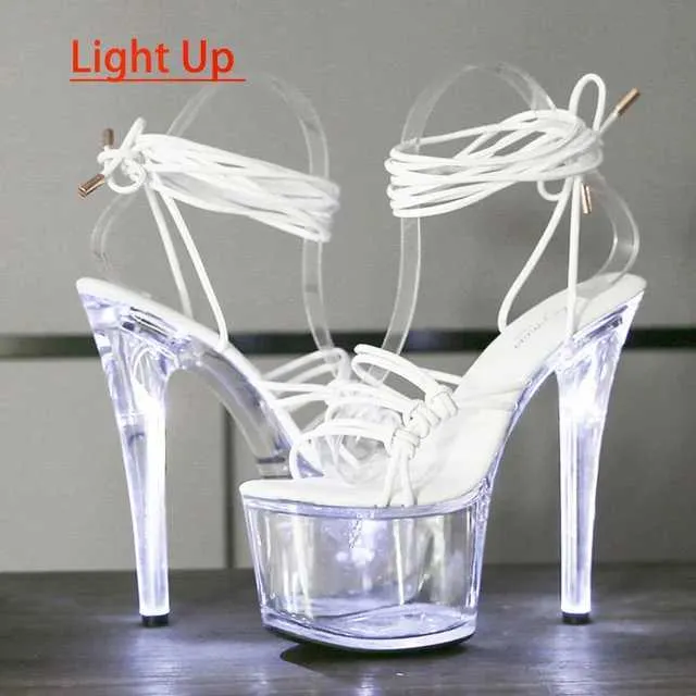 Sukienka buty nocne klub LED LED UP High Heels Model Walk Pokaż świetliste sandały kostki koronki tańczące Kobiety przezroczystą platformę H240321CEG6