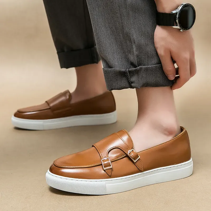 2024 brown Black Men`s Vulcanize Shoes Double Buckle Slip-On Brown Pu Leather Sneakers Shoes for Men with Size 38-46