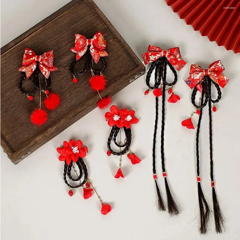 Accessori per capelli Nappe con clip in stile cinese Perla Fiore rosso Bambino Parrucca per capelli Forcina Anno Copricapo Arco