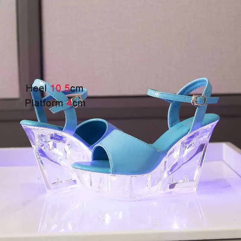 Elbise Ayakkabı Led Parlayan Platform Yüksek Topuklu Aziz Ayrıntılar Şeffaf Aydınlatma Gösteri Modelleri Sandalet 10.5cm Kristal Kama Topuk Gece Kulübü Kadınlar H240321YD7G