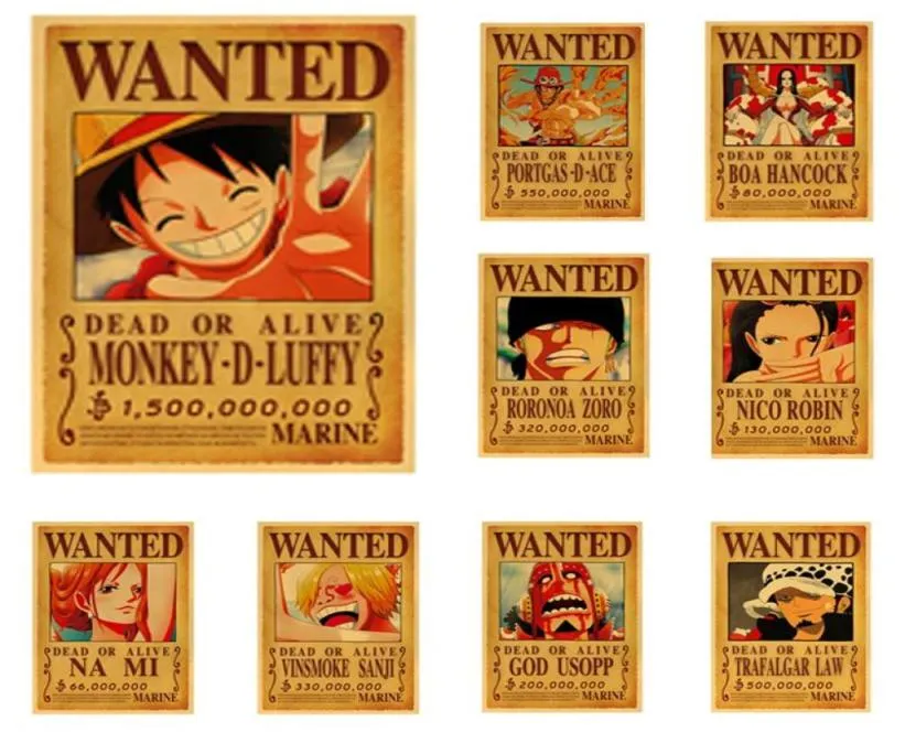 Wall Stickers One Piece Classic Anime Vintage Poster Luffy Zoro Wanted Room Decor Art Kraft Paper3534265