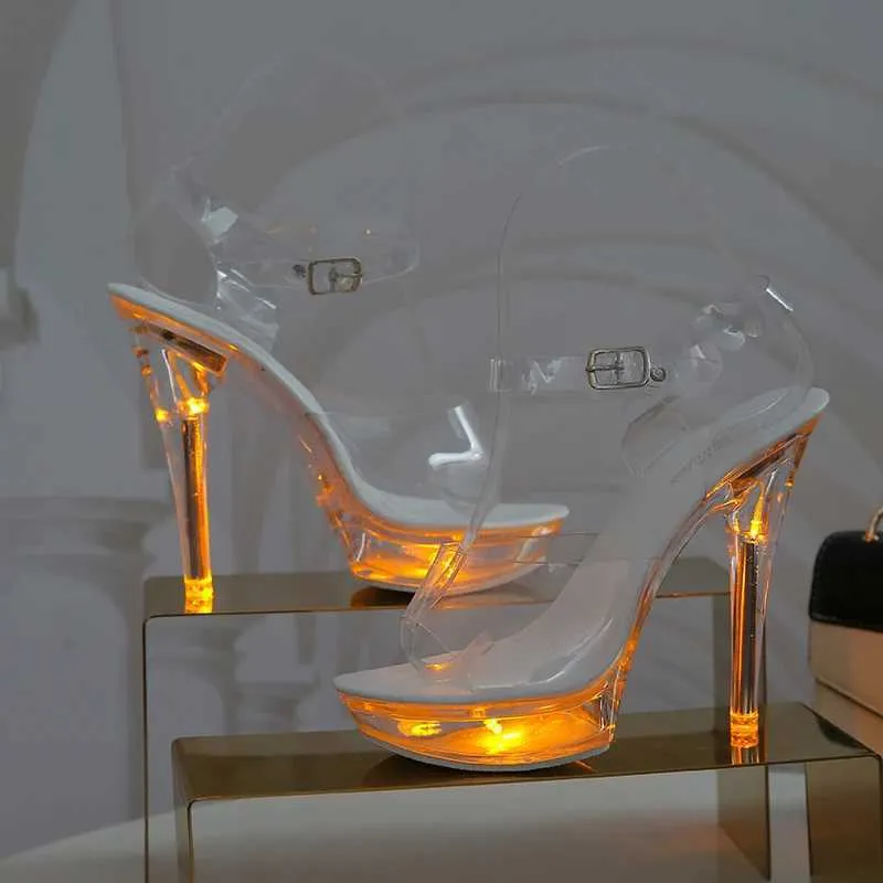 Scarpe eleganti Light Up Glowing Donna Sandali trasparenti luminosi Piattaforma donna LED 13 cm Tacco alto Stripper trasparente Heels17M4 H240321