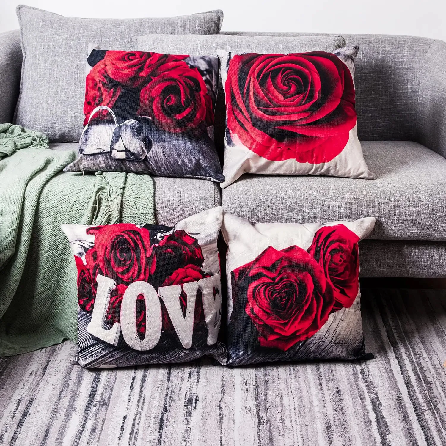 Red Rose Linen Pillowcase 40*40 Living Room Sofa Cushion Cover 60*60 Home Decoration Pillowcase Valentines Day Gift 240318