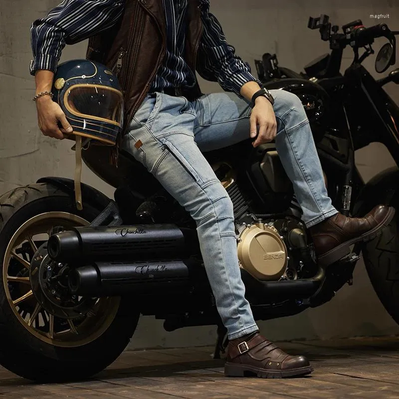 Jeans da uomo Pantaloni anti-caduta spessi a gamba dritta da corsa casual da motociclista retrò Scrambling Moto da equitazione Slim-Fit elasticizzato