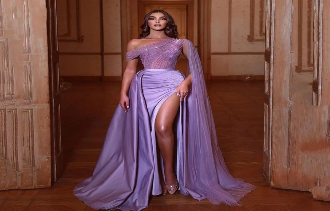 Purple One Shoulder Evening Dresses Beading Top Side Split Celebrity Gown Ruched Satin Arabic Dubai Females Robe de Soiree with Ca7039335