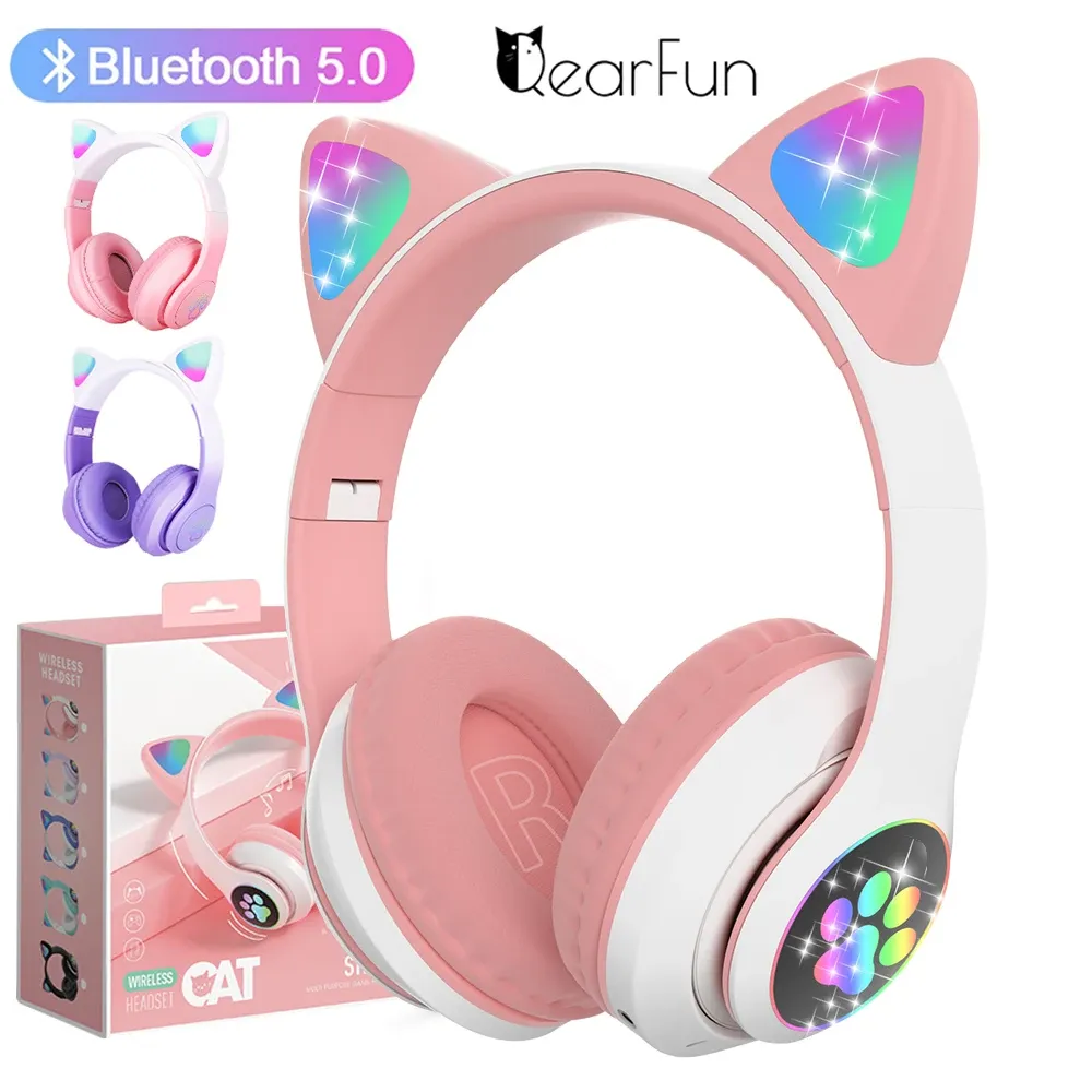 Headphones Cute Cat Headphones Bluetooth Girls Kids Glowing Wireless Earphones with builtin Mic, Headphones for Children Student Kids Gift