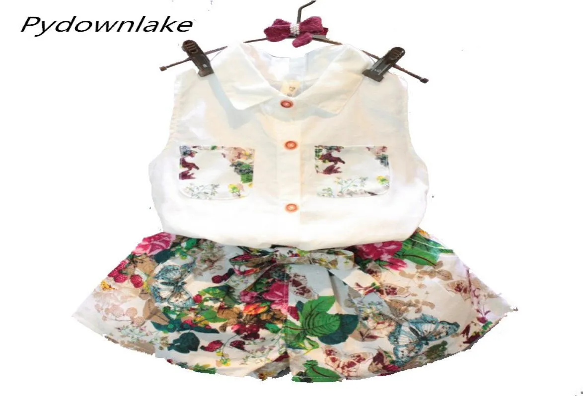 2018 New Fashion Summer Children Girl Set Kids Clothes Flowers Chiffon Halter Tops Bows shorts Baby Girls Clothing Sets Suits6815312