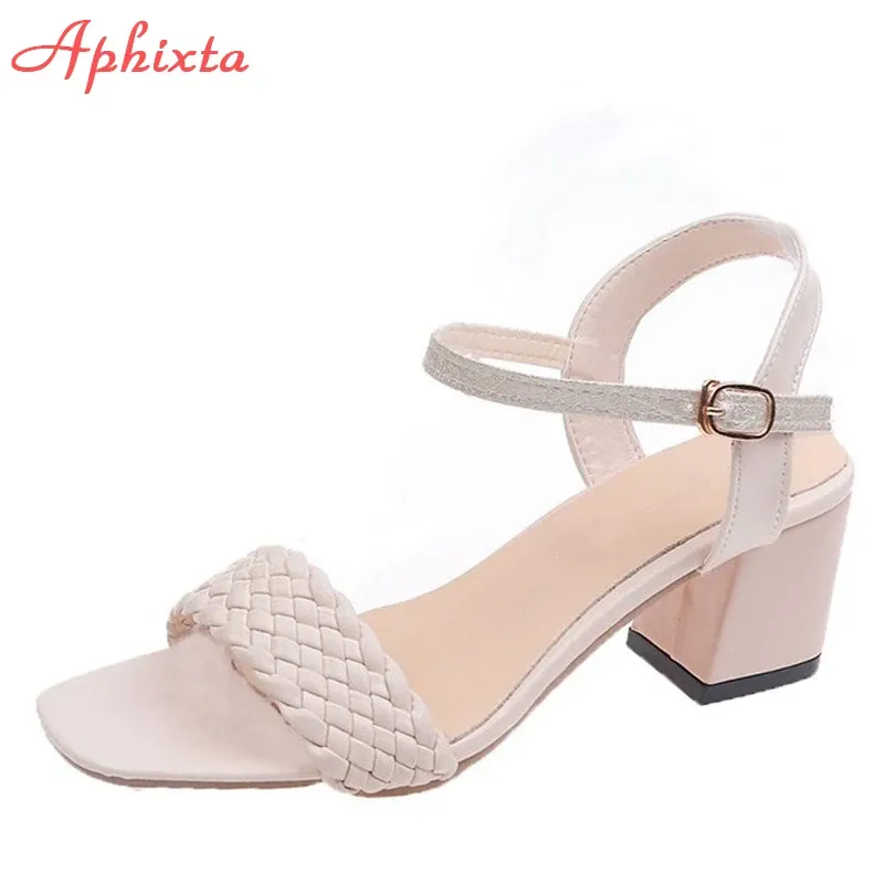 Sandals Aphixta 6.5cm Square Heels Summer Buckle Women Sandals Weave Slides Cool Open Toe Flip Flops Sandalias Mujer Plus Size 45 46