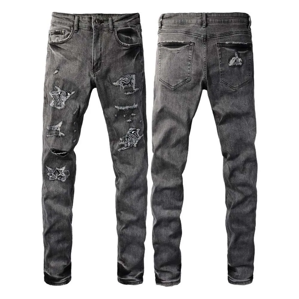 Trendamiri Jean slim élastique gris à fleurs de cajou homme