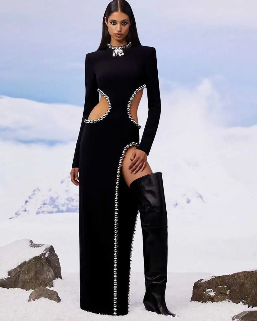 High-Fashion-Damen-Kleid mit schwarzem Besatz, Ausschnitt, ärmellos, figurbetont, elegant, Midi-Kleider