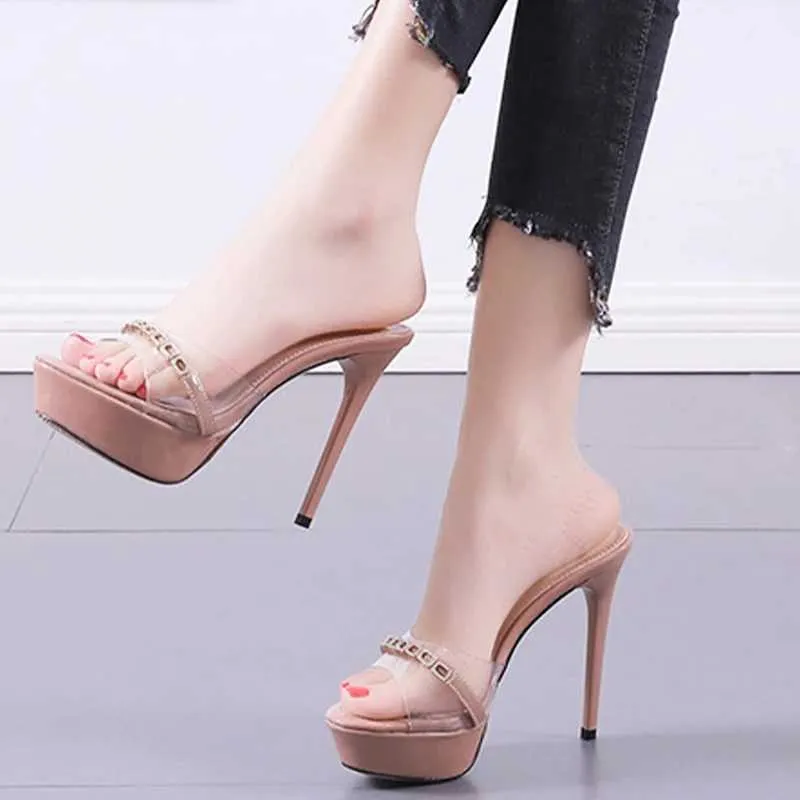 Dress Shoes Summer Slippers Transparent Chain Platform Slides One Word Thin Heel Women Shoe Sweet Korean Style Wedding High Heels Sandals H240325