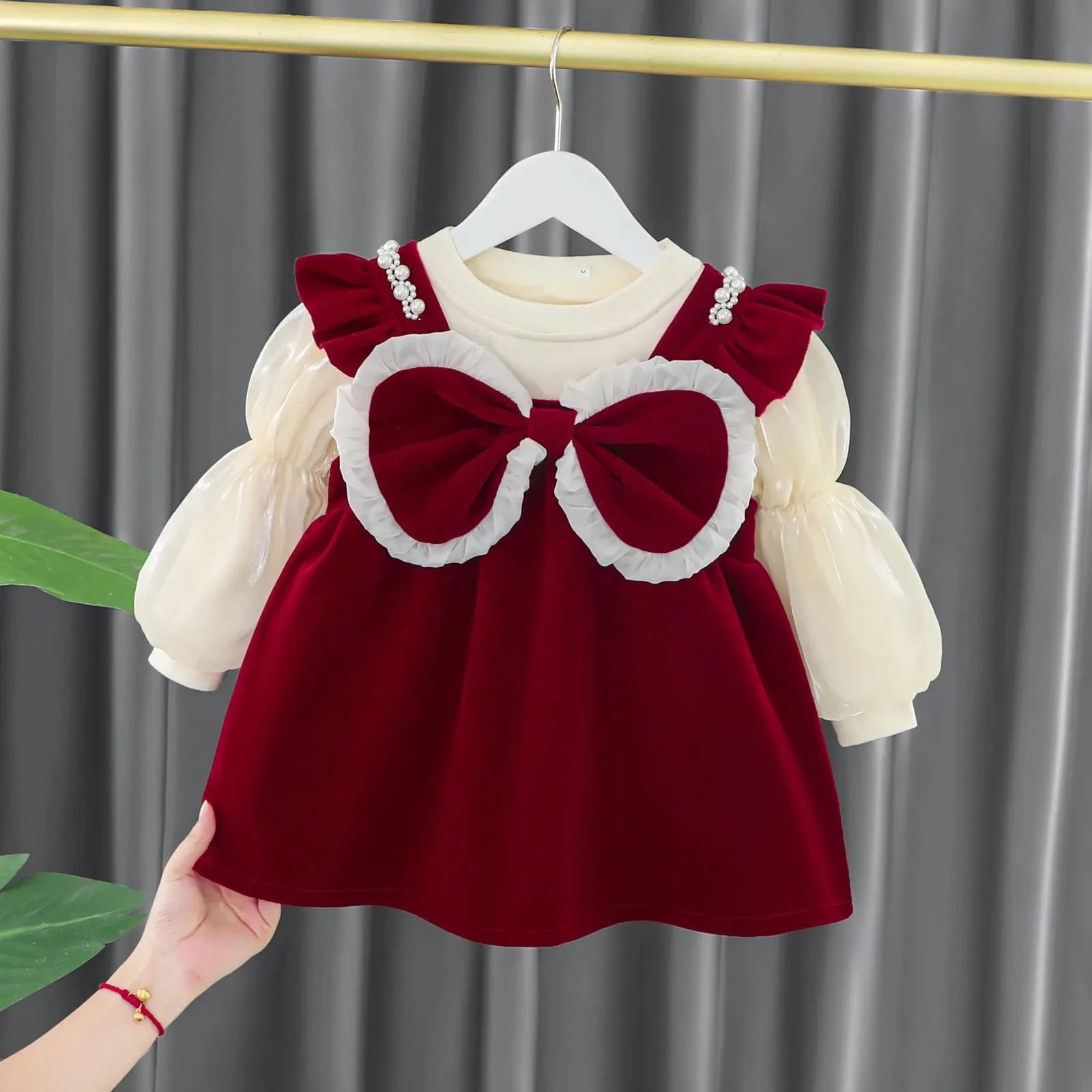 Outono criança inverno bebê meninas vestido crianças vermelho ano de natal pelúcia quente infantil conjunto topskirt para 14 anos 240311