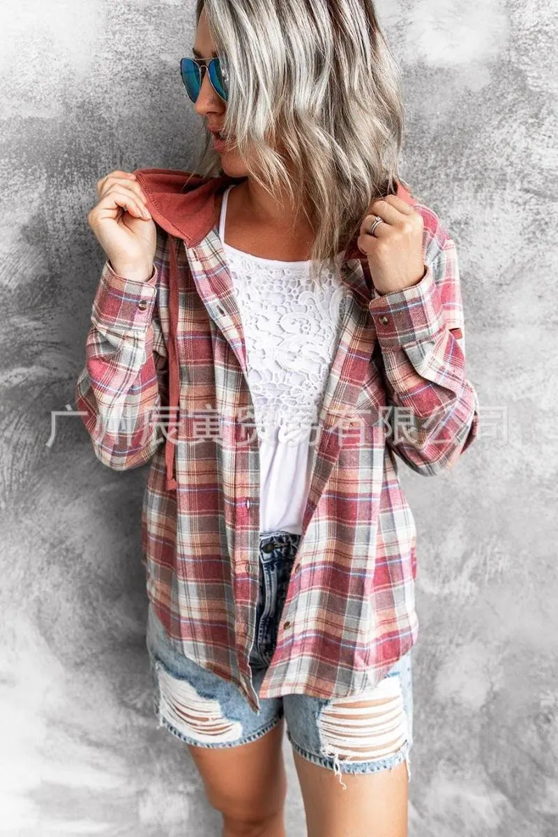 Vestes Femmes Femmes Plaid Imprimer Bouton À Manches Longues À Capuche Tops Manteaux Blouses Chemise Lâche Cardigan Régulier 2024 Automne Hiver Bureau Dames