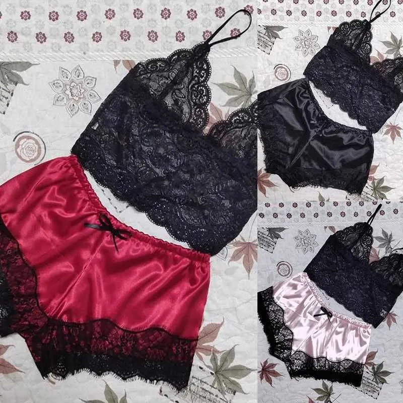 Women Sexy Satin Lingerie Underwear Sets Nightwear Sleepwear Silk Strap Solid Color Lace Sets