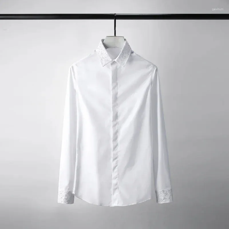 メンズカジュアルシャツミングル刺繍襟メンズプラスサイズ4xlソリッドカラー長袖ドレスカミサマスキュリナマン