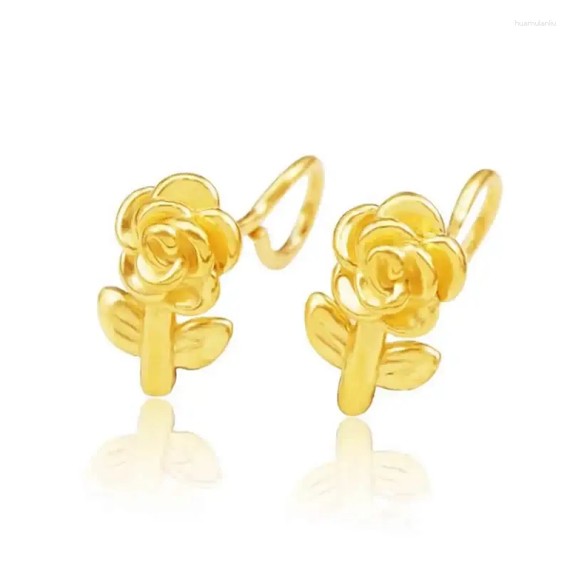 Boucles d'oreilles à tige en or jaune massif 24 carats pour femmes, fleur Rose