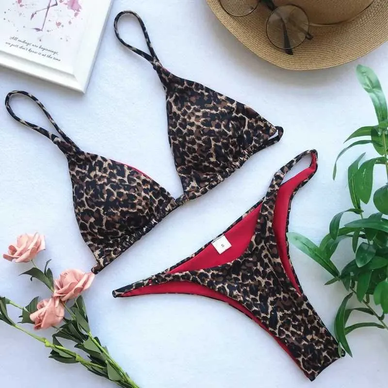 Mulheres Swimwear Micro Leopardo Impressão Triângulo Bikini Set Swimwear Mini T-Em Forma de Swimwear Mulheres Sexy High Cut Swimwear Biquini 2023 Mujer J240319