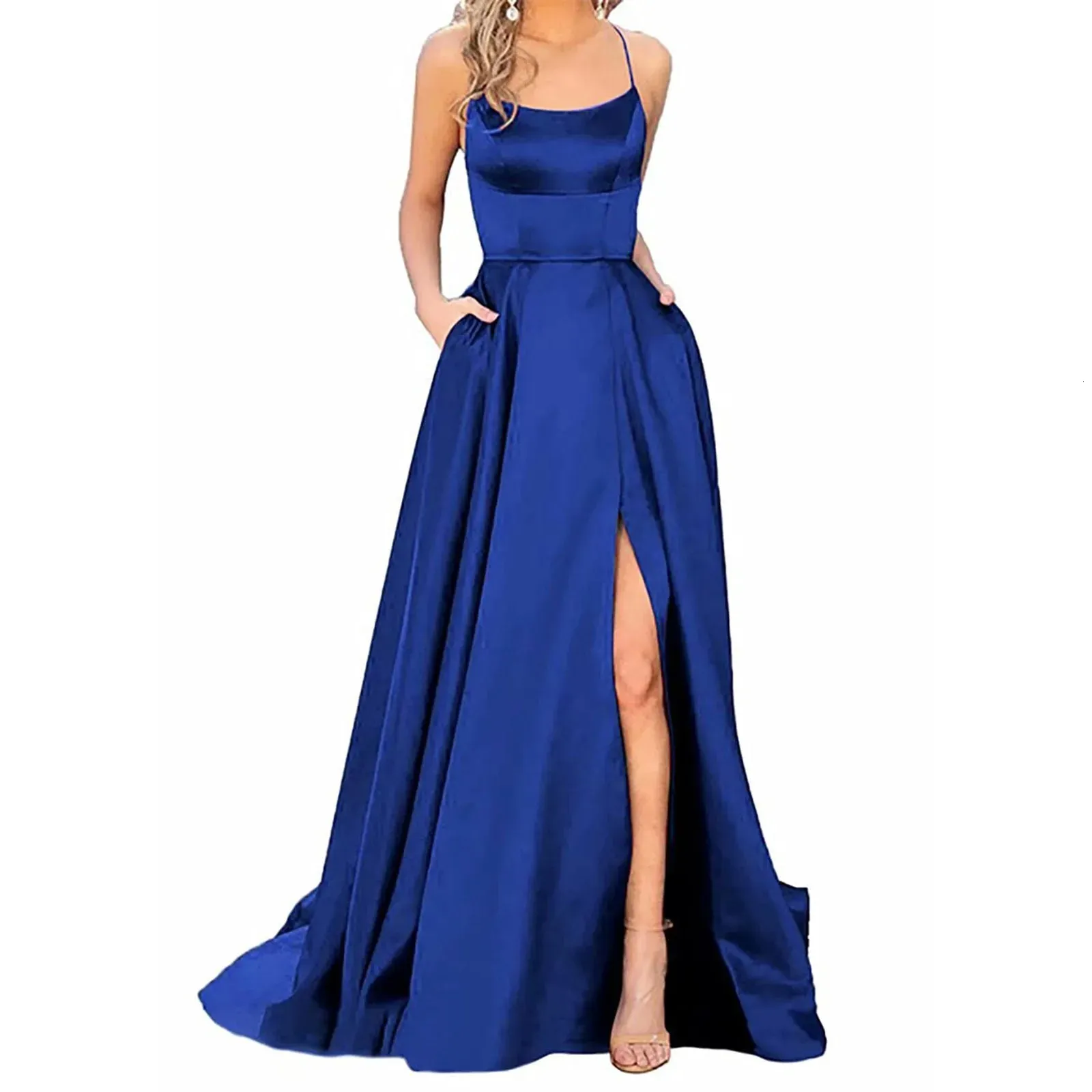 navy blue High Split navy blue long dress with Lace-Up Back and High Waist - Elegant and Sexy Evening Gown for Parties (240318)