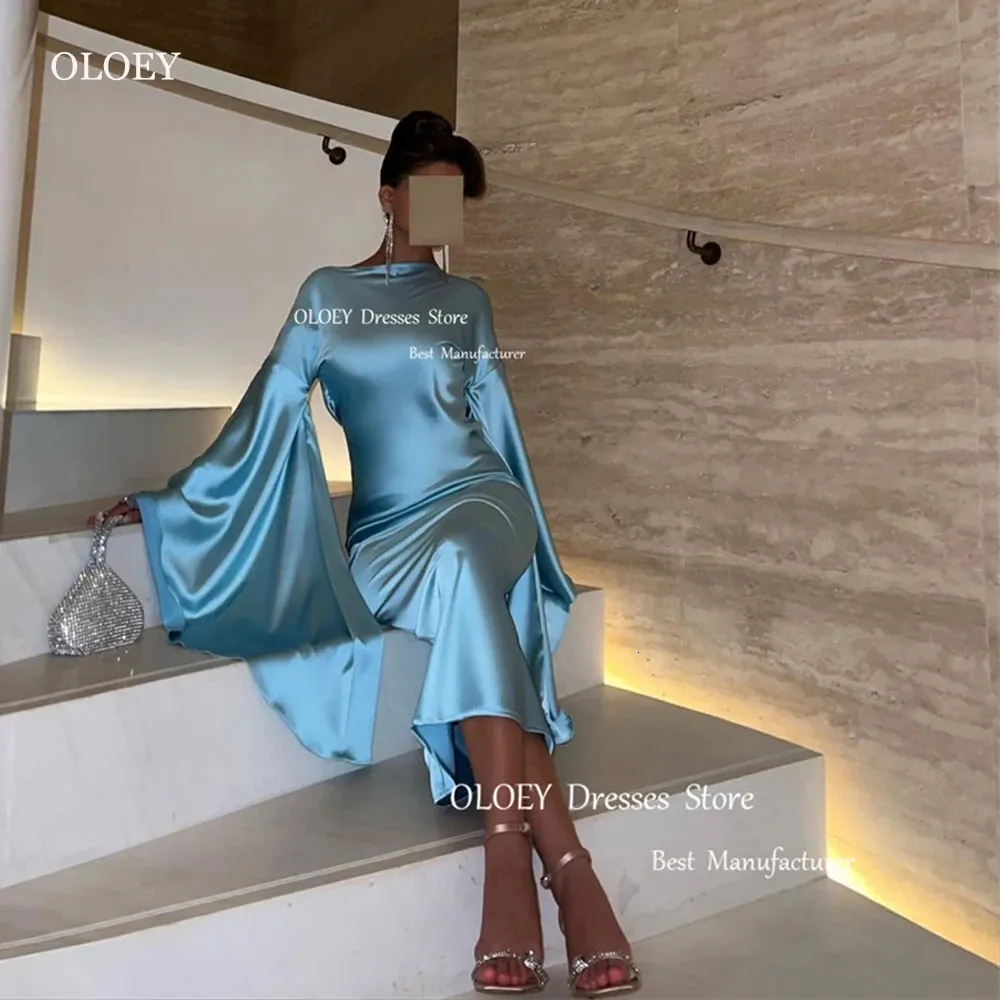 Oloey Simple Light Blue Silk Satin Evening Party Dresses Flare Long Sleeves Bateau Neck Arabic Women Prom Dress Event Formal 240320