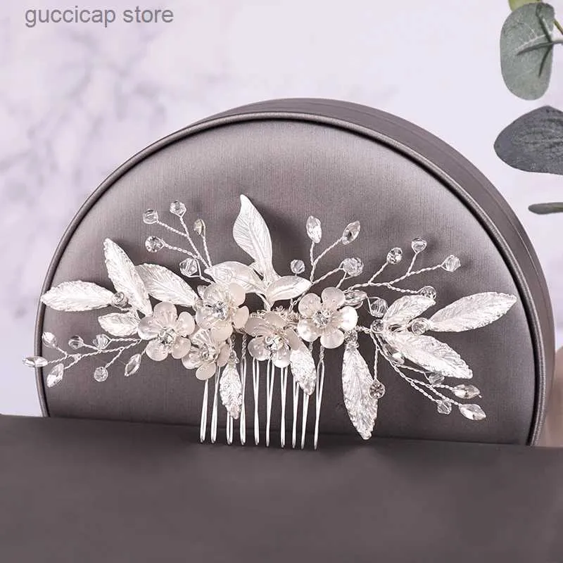 Tiaras Silver Color Leaf Flower Hair Jewelry Wedding Hair Comb Accessories Women Hair Comb Handmade Bridal Headpieces Decoration Gift Y240320