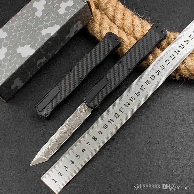 Nya automatiska fickknivar Fast Open Damascus Blade T6 Aluminiumlegering+kolfiber Patch utomhus camping självförsvar jakt överlevnad Auto Tactical Knife UT85