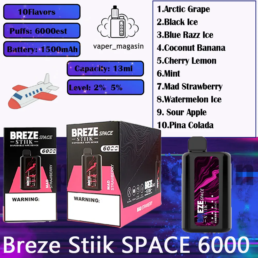 Breze Stiik Space 6000 Puff Disposable Vape Pen 2% 5% Koncentration 6K Puffs 10 smaker 153 ml PREBOLADED KAPLET 1500 MAH ELEKTRONISK CIGARETT