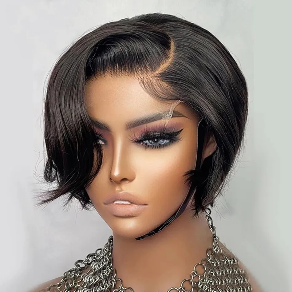 Perruques courtes Bob Pixie Cut perruque dentelle frontale droite transparente dentelle avant perruques de cheveux humains pour les femmes noires pré-épilées cheveux brésiliens