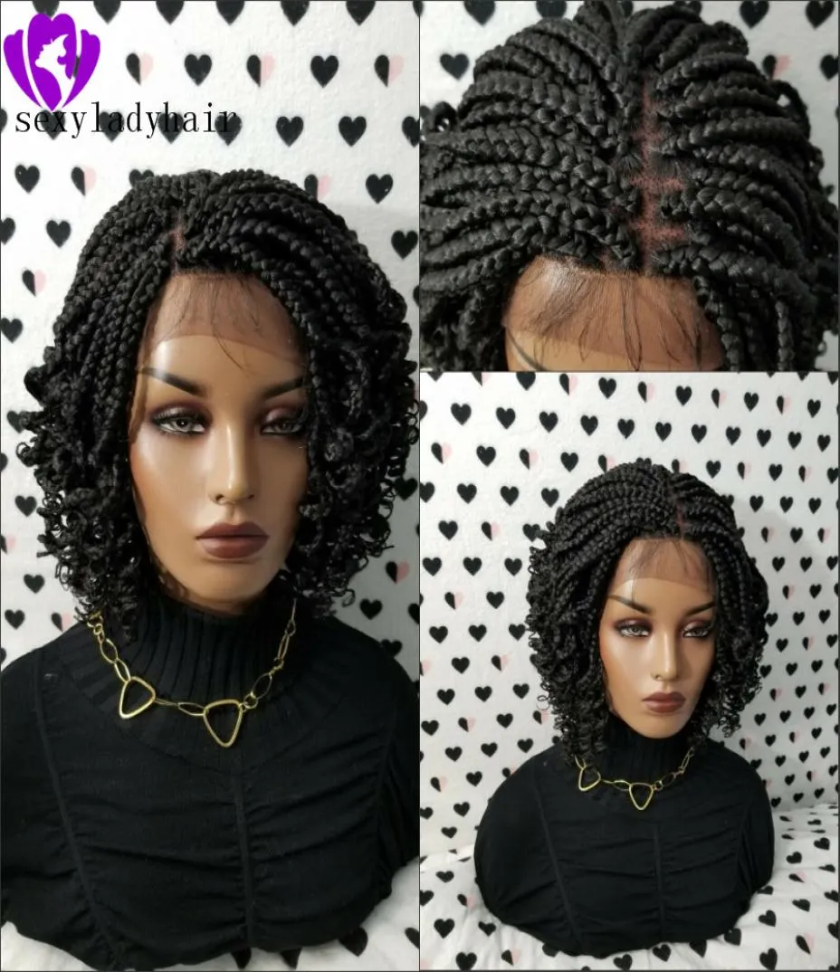 200Density volle kurze geflochtene Perücken Box Braids Perücken für schwarze Frauen Lace Front Braid Perücke lockig 14 Zoll Schwarzbraun mit Körperhaar9432331