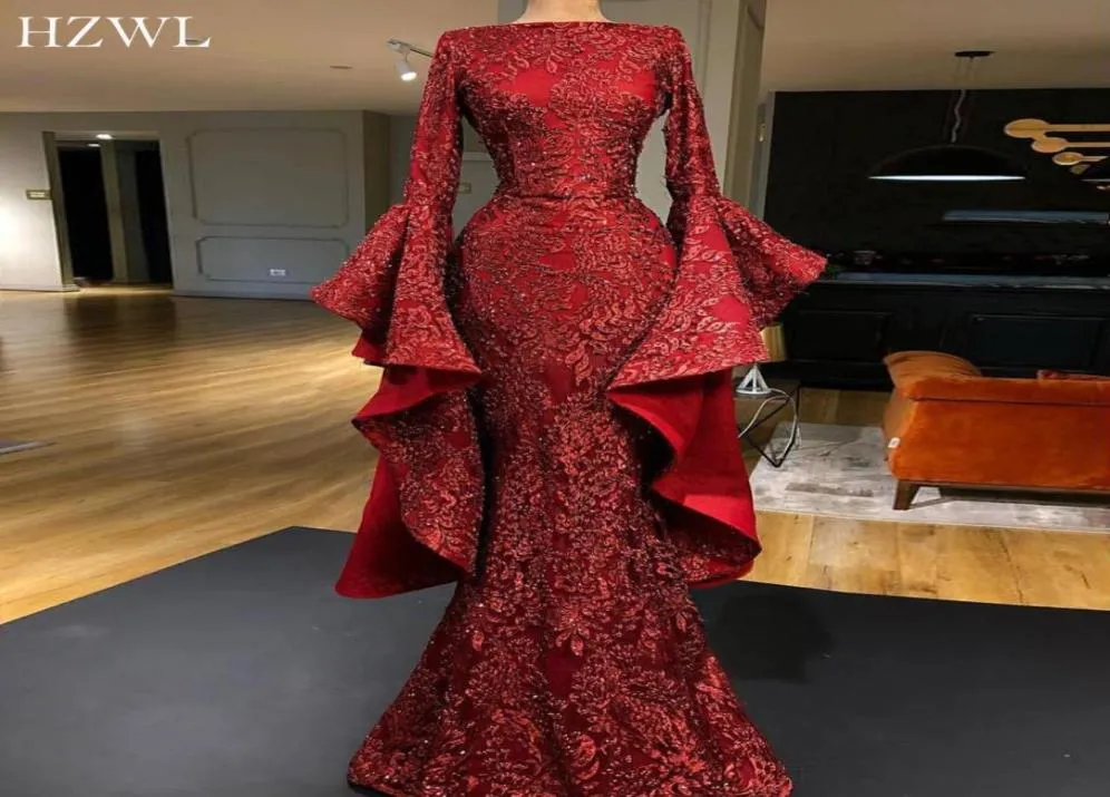 Luxe Flare manches rouge foncé appliques paillettes dentelle Dubai robes de soirée longue étincelle sirène robe de bal 2020 robe de soirée3708743