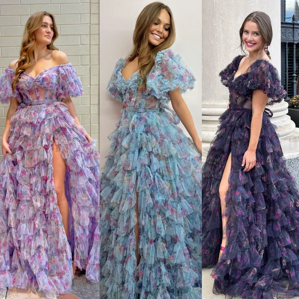 Vestido de baile floral estampado 2k24 querida manga balão bufante babados macacão de fenda alta evasê feminino concurso evento formal noite festa passarela macacão de gala gravata preta