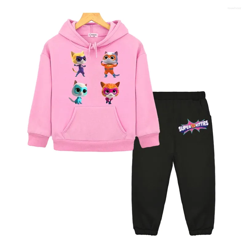 Kläder sätter super kattungar huva hösten tröja pojkar tjej klädjacka fleece pullover söt katt anime hoodie barn butik