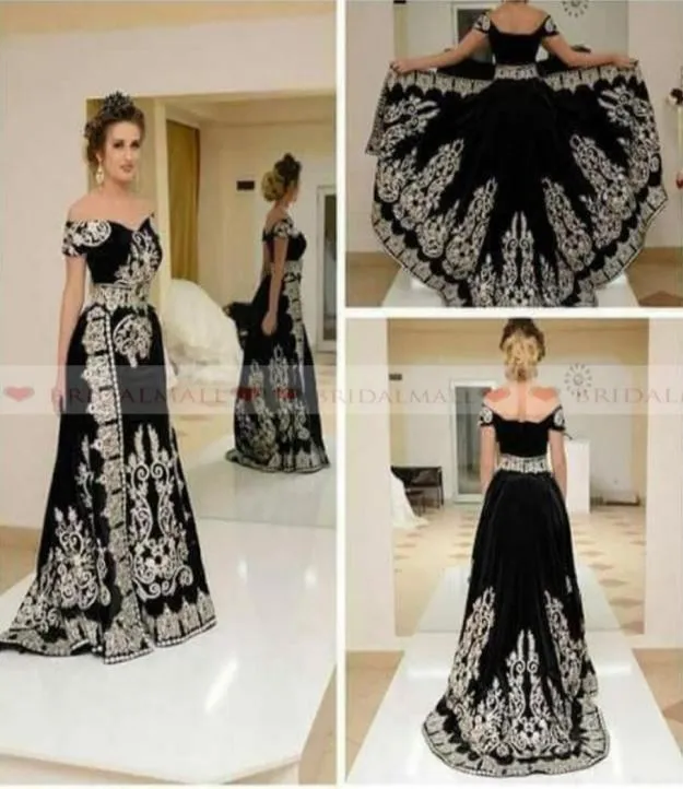 Plus Size 2021 Off Shoulder Black Satin African Mermaid Evening Dresses Dubai Arabic Formal Party Gowns Appliques Overskirts Prom 5846849