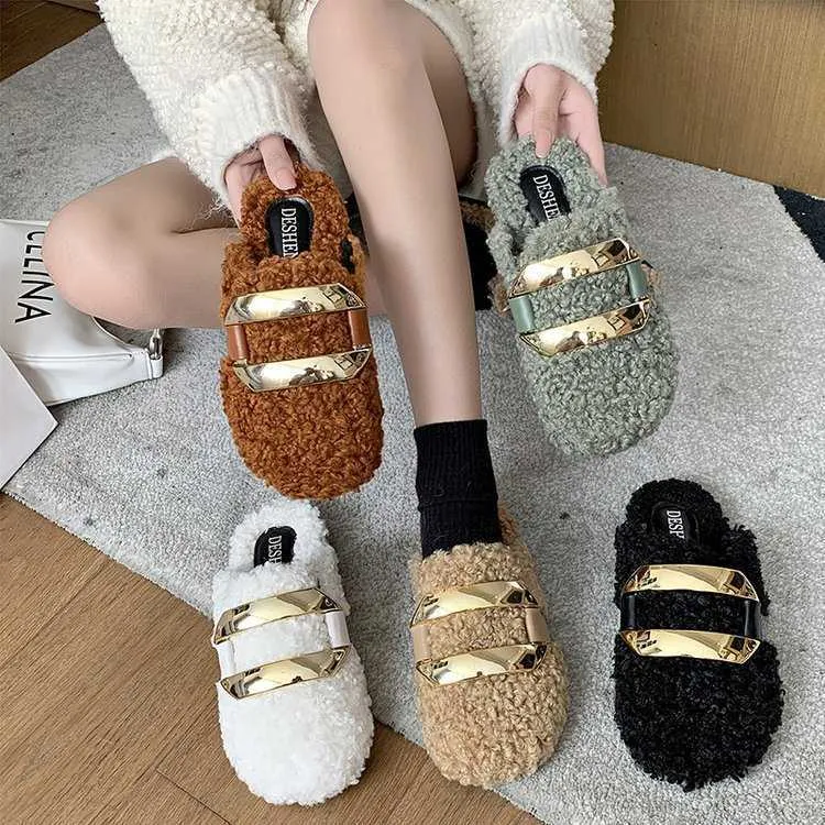 HBP 비 브랜드 가을과 겨울 New Baotou Lamb Wool Semi Slippers 여성 외부 따뜻한 평평한 뮬러 신발