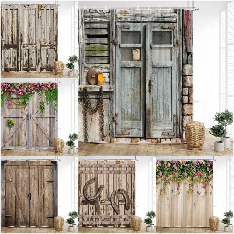 Douchegordijnen Vintage Houten Deurgordijn Boerderij Schuur Bloemen Lente Bakstenen Muur Groen Blad Hoefijzer Rustiek Badkamer Decor Met Haken