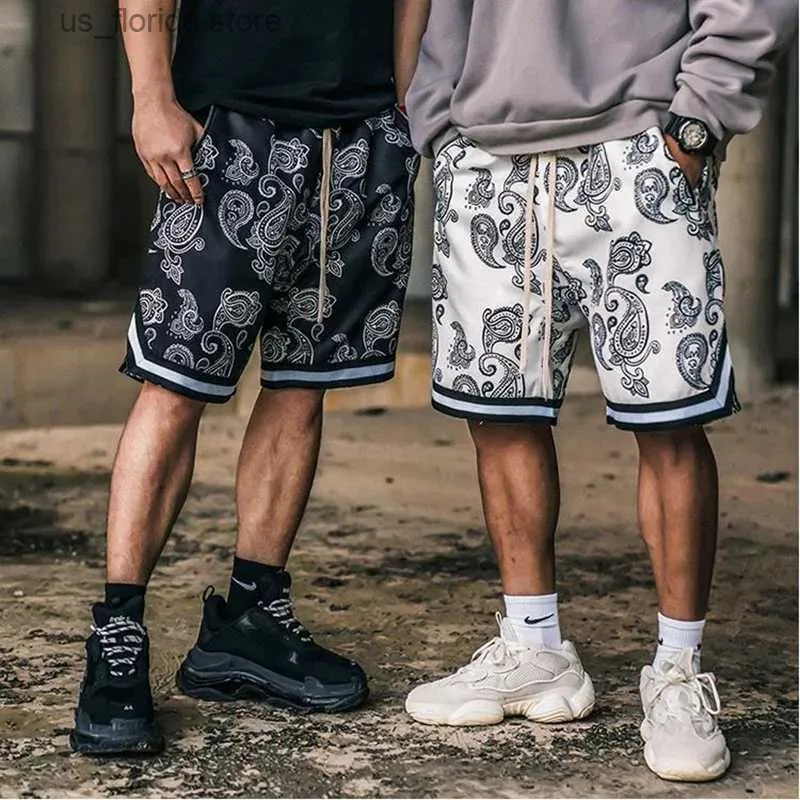 Pantalones cortos para hombres Verano Nuevos pantalones cortos de flores de anacardo Hombres de moda Hip-hop Suelto Casual Deporte al aire libre Baloncesto con cordones Cintura elástica Pantalón corto Y240320