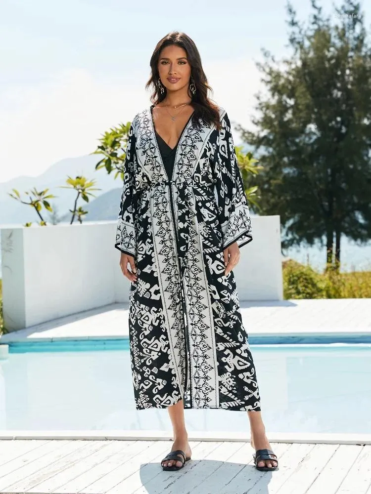 Preto nove quartos de manga praia cardigan feminino quimono impressão maiô cover-up roupão de férias jaqueta leve q1605