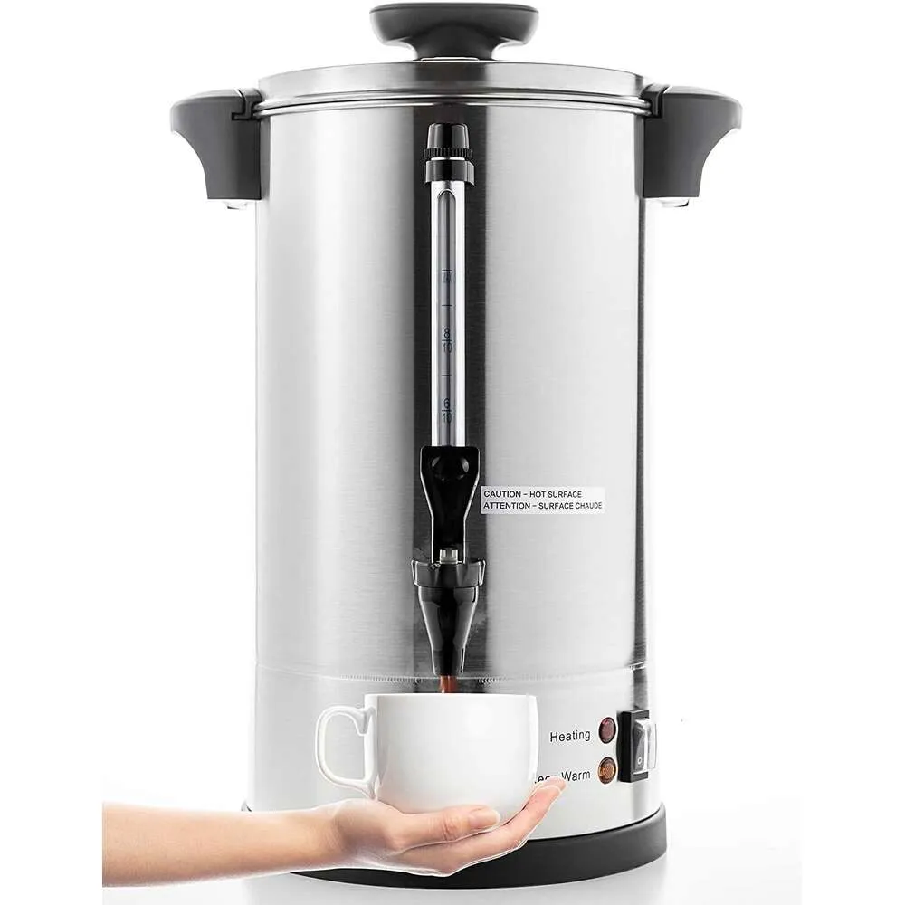 SYBO 2024 UPGRADE SR-CP-100B Caffettiera a percolato in acciaio inossidabile di grado commerciale Urna per acqua calda per catering, 100 tazze 16 L, Metallico