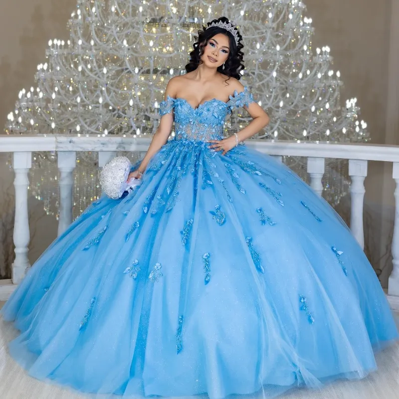 Céu azul brilhante princesa quinceanera vestidos 2024 apliques florais rendas espartilho fora do ombro vestidos de baile de 15 anos