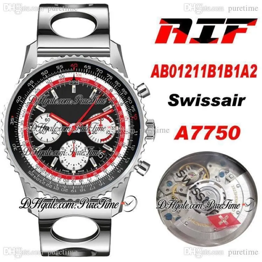 AIF B01 Chronographe 43 Swissair A7750 Montre automatique pour homme AB01211B1B1A1 Cadran noir et blanc Bracelet à trous en acier Édition PTBL Pu247y