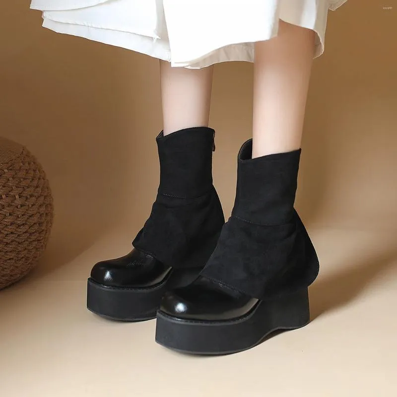 Bottes noires cheville femmes compensées talon haut fond épais bout rond tube moyen botte courte avec plate-forme