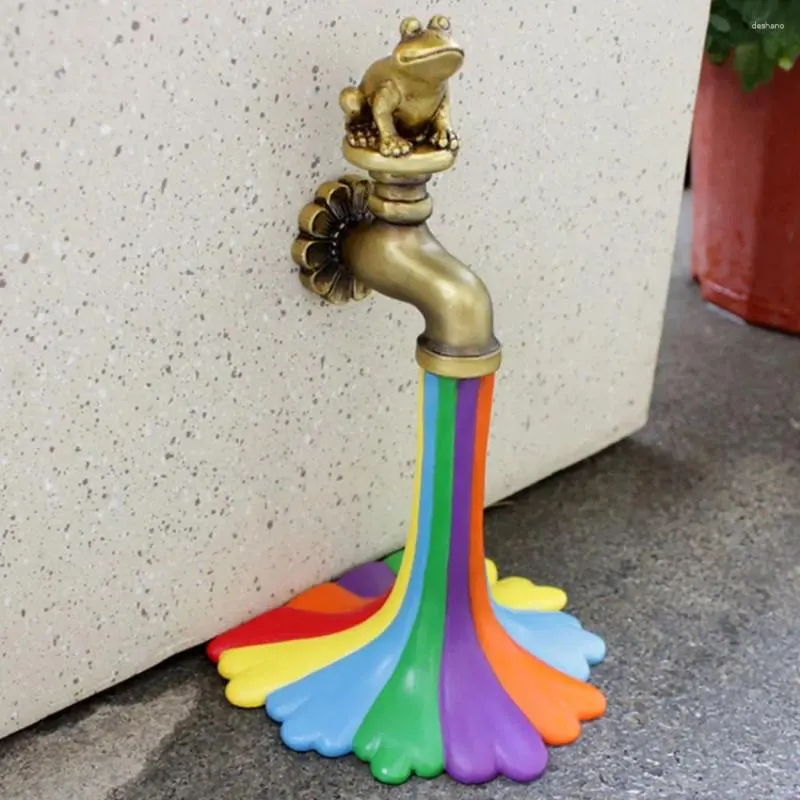 Decorazioni da giardino Rana realistica Arcobaleno Rubinetto dell'acqua Ornamento Statua in resina divertente dipinta a mano