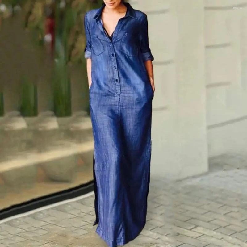 Sıradan Elbiseler Kadın A-Line Denim Elbise Bohemian Maxi Detay ile Bölünmüş Hem Artı Boyut Sonbahar Bahar Kadınlar Ayak Bileği-Uzunluk Gider